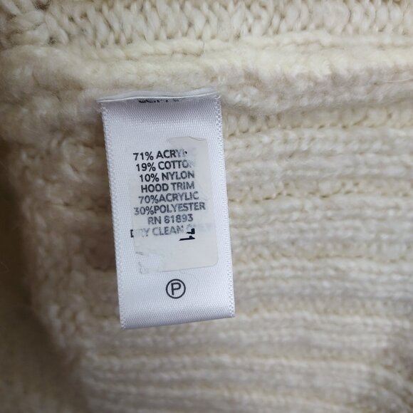 G.I.L.I. Cable Knit Sweater XS Faux Fur Hood Bell Sleeve Cream V-Neck Pullover - Picture 9 of 12